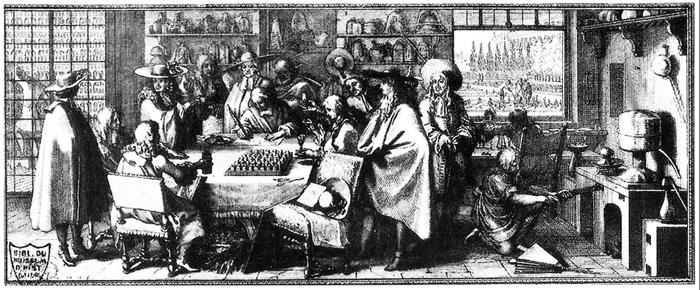 Le laboratoire de chimie et le droguier du Roy en 1676 - Gravure de Sébastien Leclerc